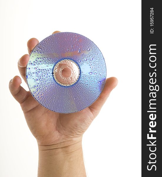 Cd disk and hand isolated on white background