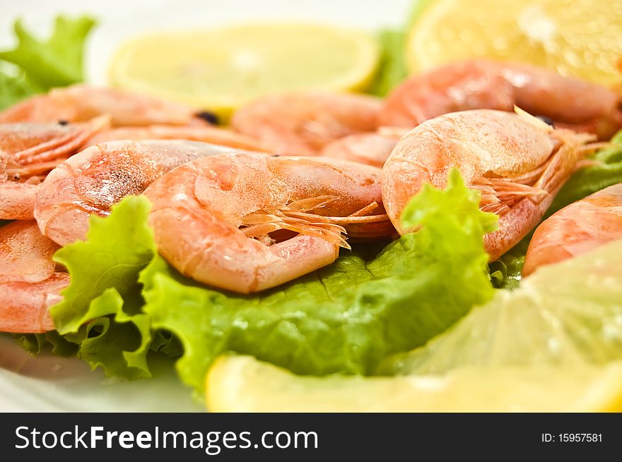 Appetizing dish with shrimp close up