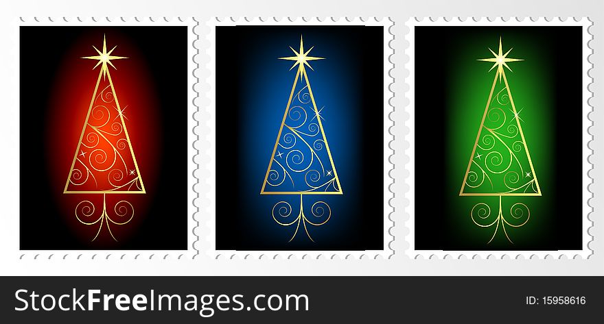 Set of Christmas stamps with trees,