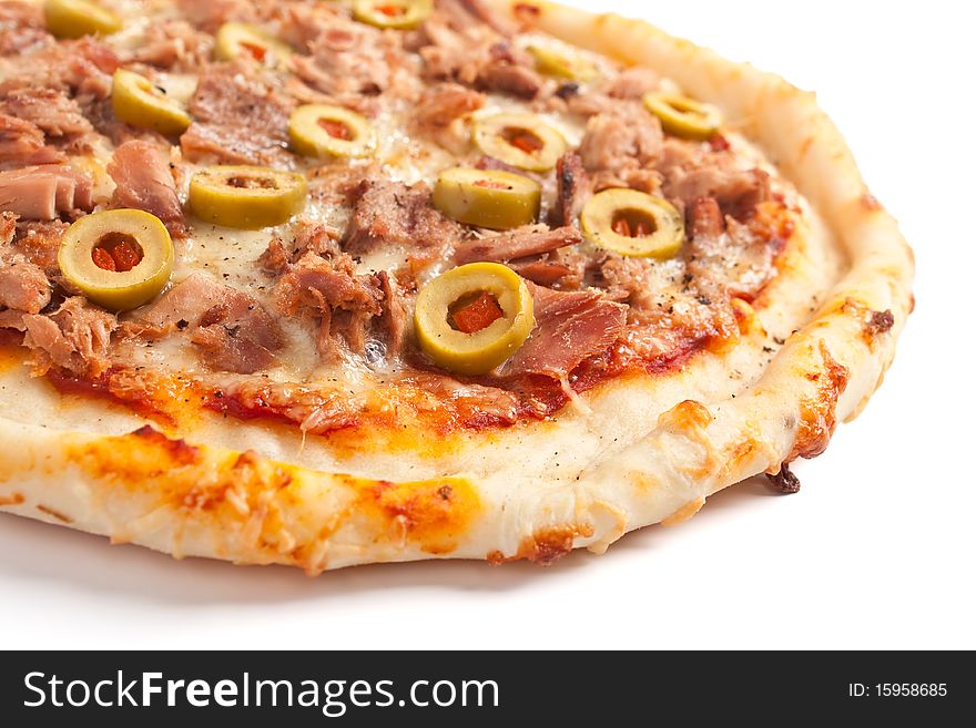 Tuna and green olives pizza isolated on white background