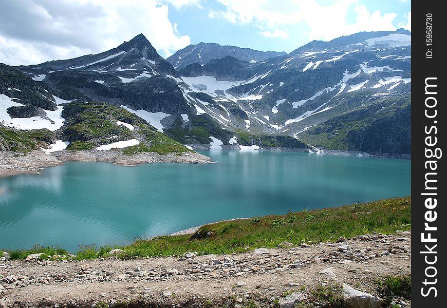 Weissee alpine lake in the Alps