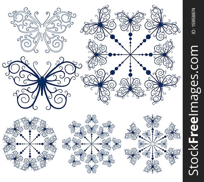 Collection blue snowflakes and butterflies isolated on white