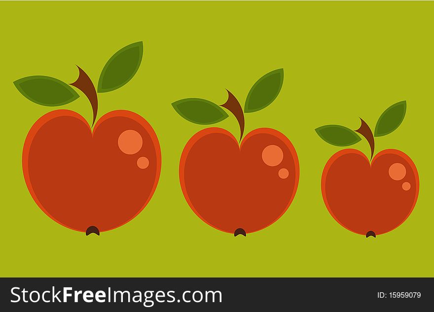 Three red apples in various sizes - vintage background. Three red apples in various sizes - vintage background