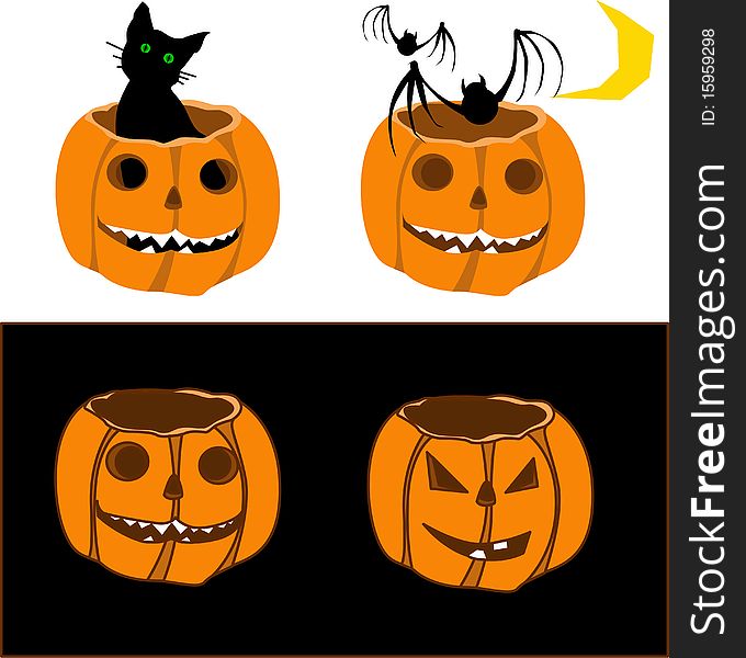 Shows an orange pumpkin and black cat and bat. Shows an orange pumpkin and black cat and bat
