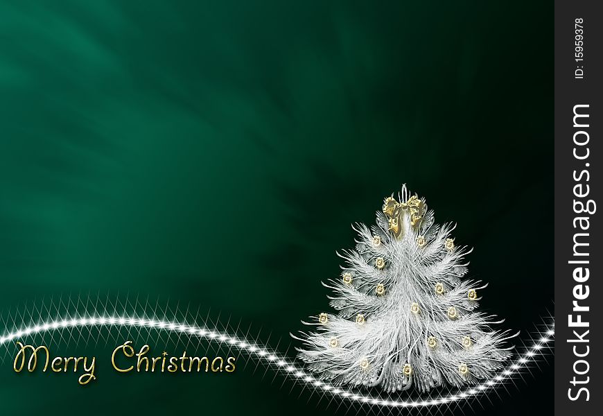 Christmas tree with white gold balls on a green background gradient. Christmas tree with white gold balls on a green background gradient