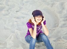 Portrait Of Red-haired Girl With Headphone Stock Photos Portrait Of Red-haired Girl With Headphone Stock Photos