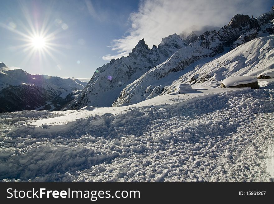 A sunny day at the Mont Blanc Giant tooth peak, Italy. A sunny day at the Mont Blanc Giant tooth peak, Italy