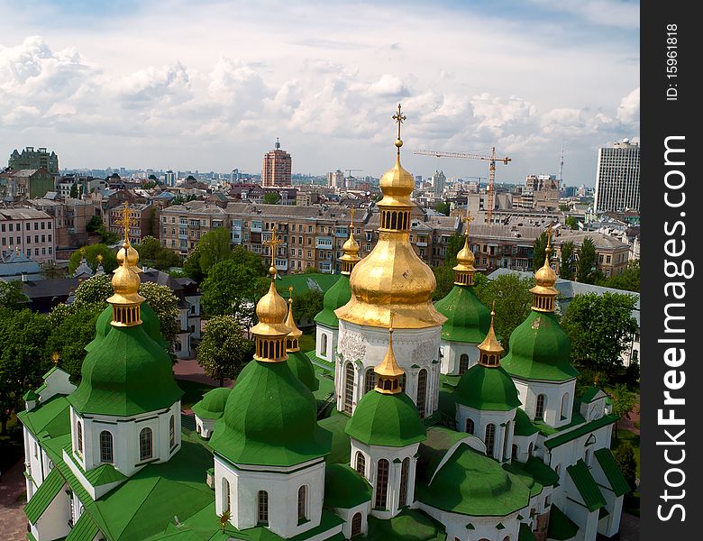 Gold domes of Saint Sophia Cathedral in Kyiv - top view