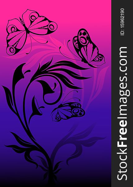 Beautiful grunge background with tropical flowers with butterfly.