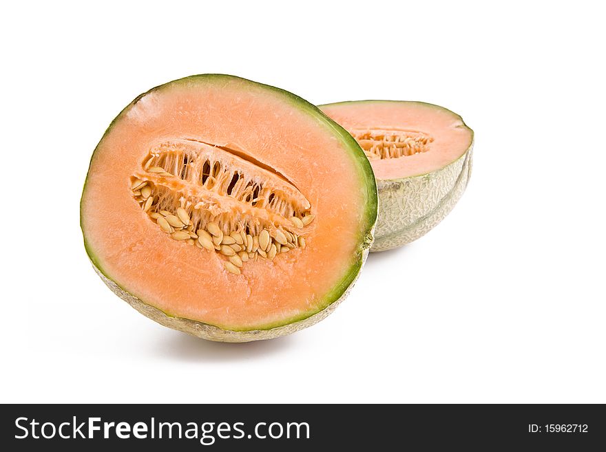 Fresh cantaloupe melon slices isolated on white background, fruits