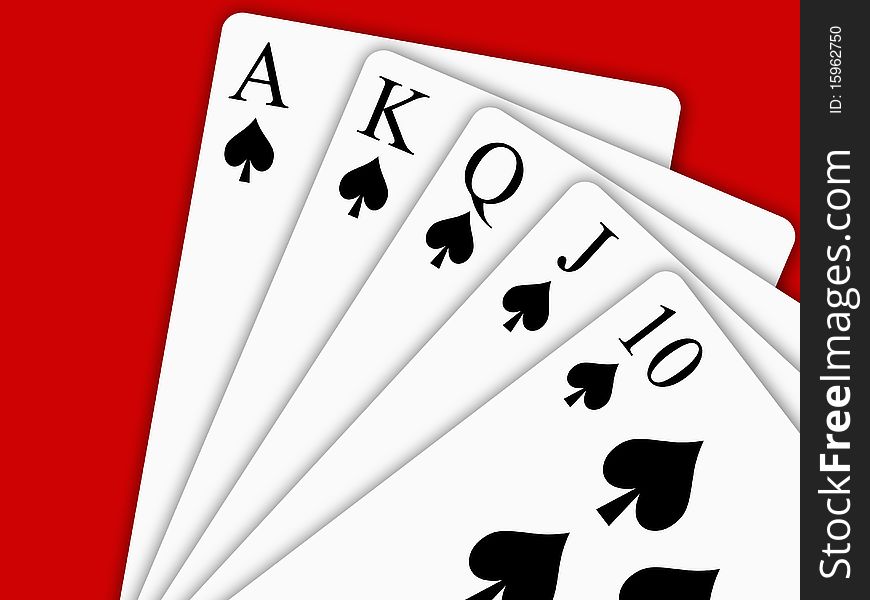 A royal flush of spades. red background.