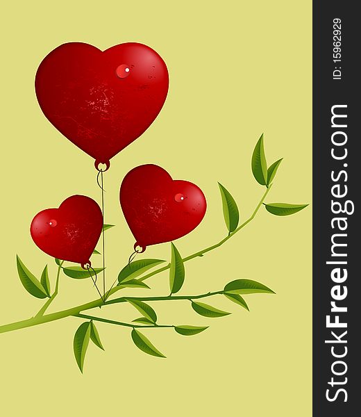 Valentine's Day Concept, three love hearts balloons bound with tree branch.