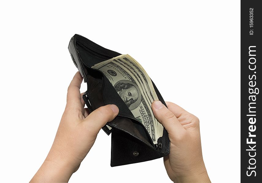Hands open up a purse with dollars, insulated on white background