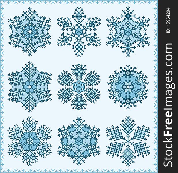 Set of nine different highly detailed snowflakes