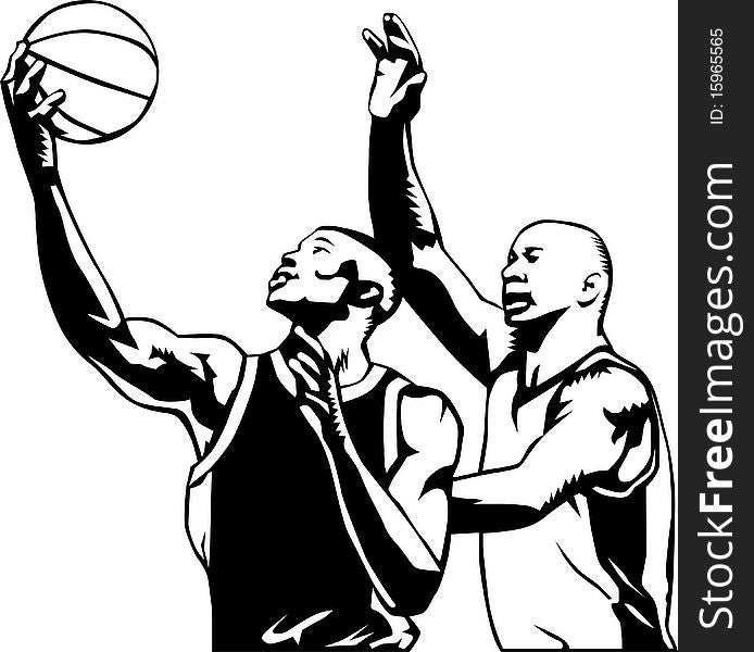 A black and white illustration carved style of two basketball players. A black and white illustration carved style of two basketball players