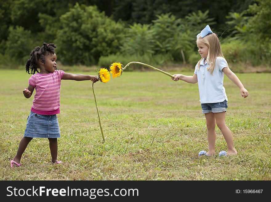 Horizontal image of two little girls holding flowers in a field. Horizontal image of two little girls holding flowers in a field