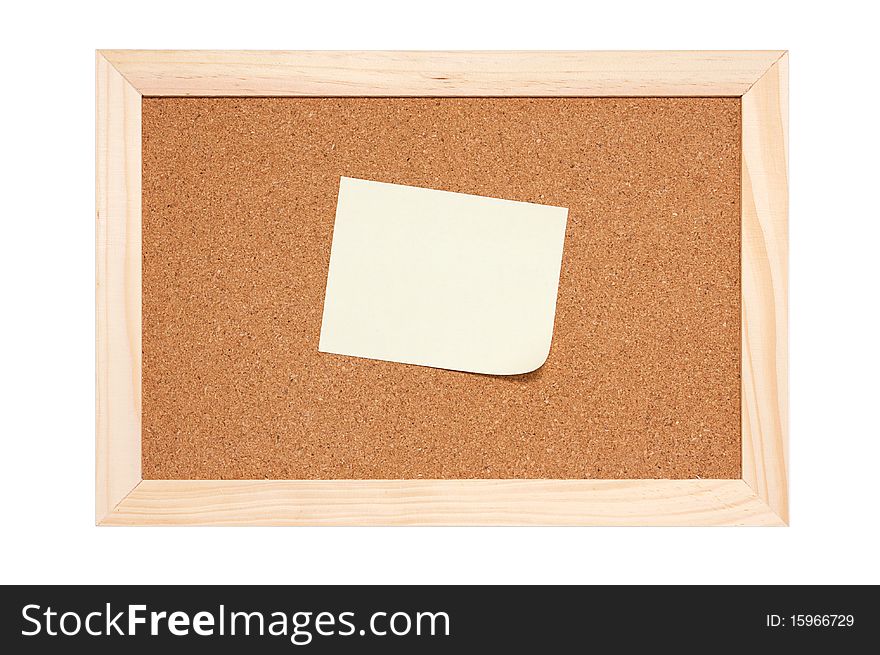Corkboard with empty yellow reminder isolated on white. Corkboard with empty yellow reminder isolated on white
