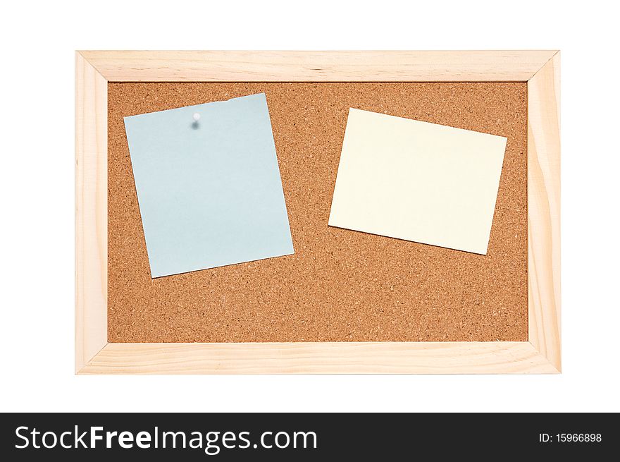 Corkboard with empty blue and yellow notes pinned isolated on white