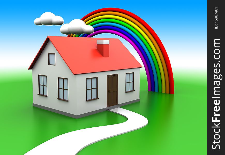 Abstract 3d illustration of house on green meadow, with rainbow and clouds at background. Abstract 3d illustration of house on green meadow, with rainbow and clouds at background