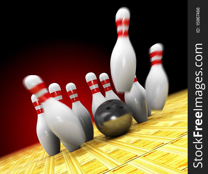 Abstract 3d illustration of bowling strike over dark background