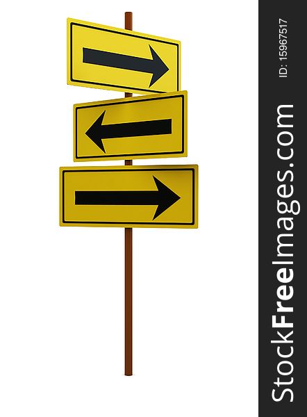 3d illustration of yellow direction sign over white background. 3d illustration of yellow direction sign over white background