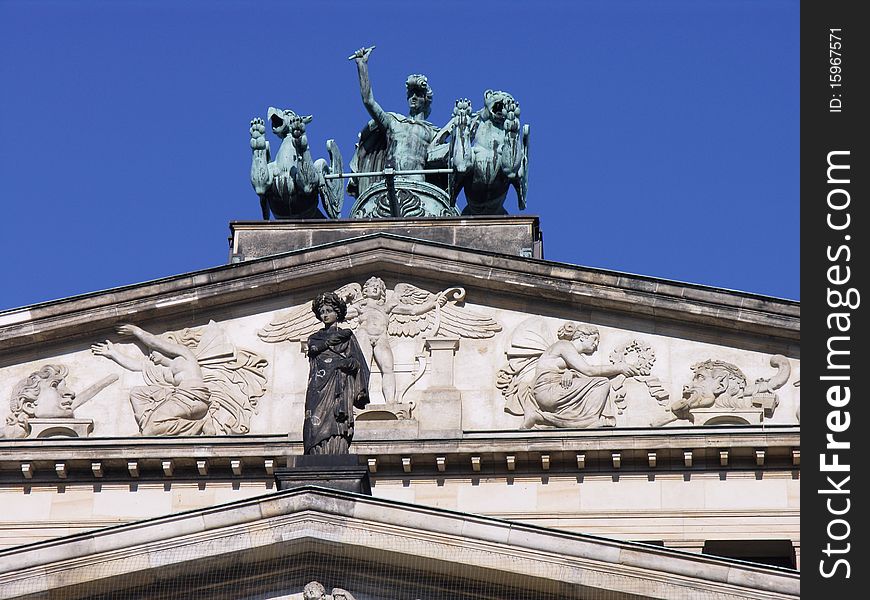 Roof of the Konzerthaus Berlin (once called the Schauspielhaus Berlin), the building is a concert hall situated on the Gendarmenmarkt square in the central Mitte district of Berlin, Germany. Roof of the Konzerthaus Berlin (once called the Schauspielhaus Berlin), the building is a concert hall situated on the Gendarmenmarkt square in the central Mitte district of Berlin, Germany.