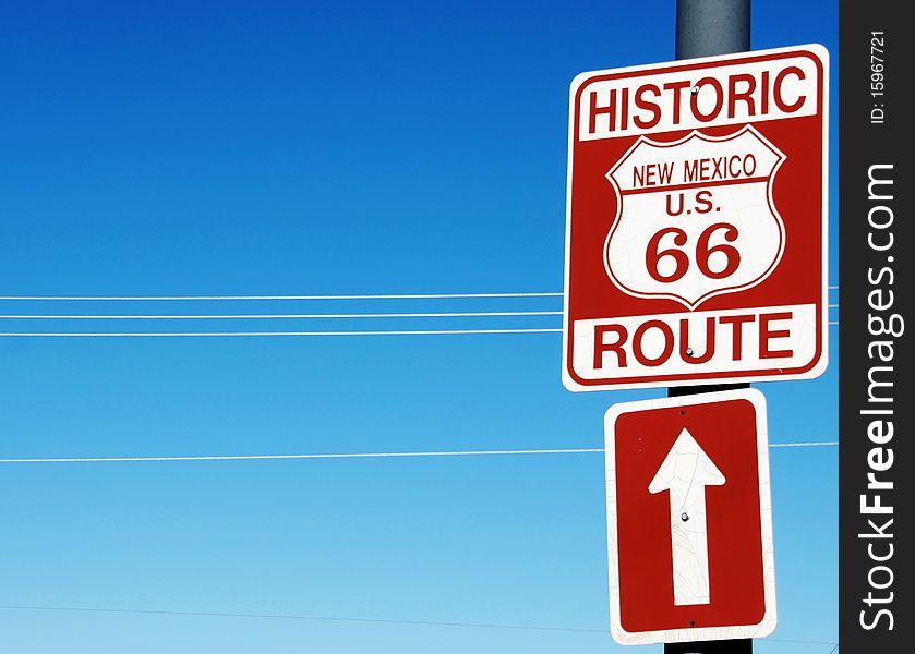 Iconic sign on the famous road sign on Highway sixty-six. Iconic sign on the famous road sign on Highway sixty-six