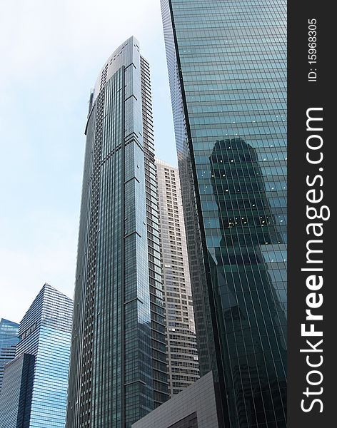 Skyscrapers in Singapore's financial district. Distorted perspective.