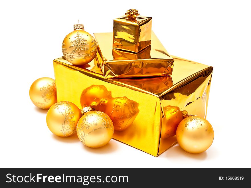 Yellow gifts boxes with christmas balls. Soft shadow. Yellow gifts boxes with christmas balls. Soft shadow