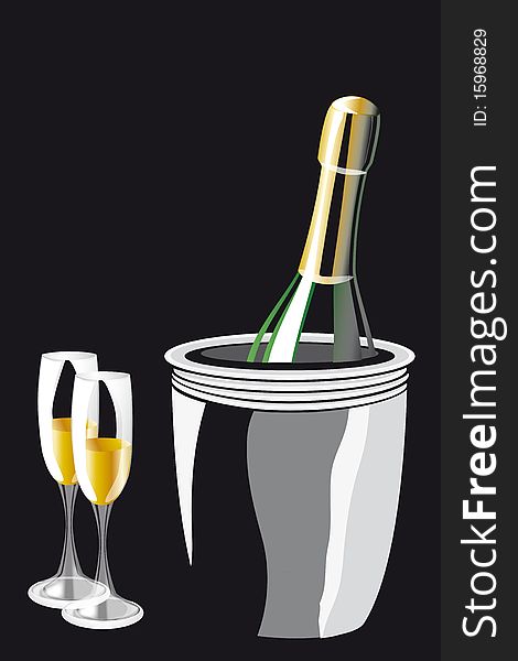 An illustration of champagne with glasses. An illustration of champagne with glasses