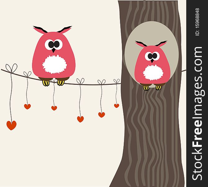 Cute owls couple in love vintage, wedding