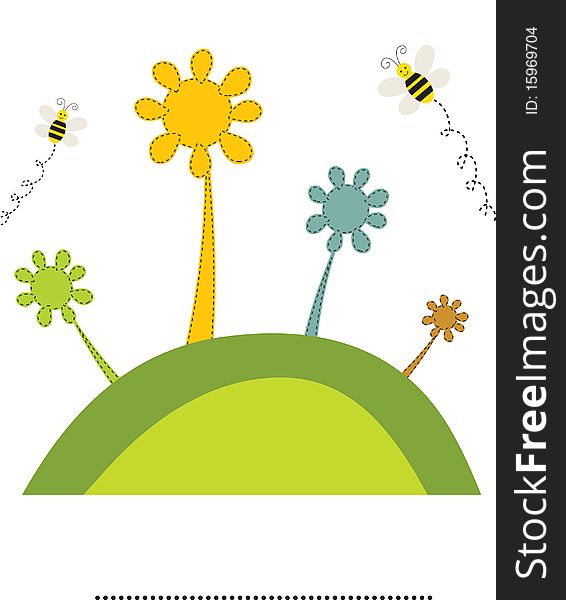 Abstract flowers and bees on the green hill. Vector retro card.