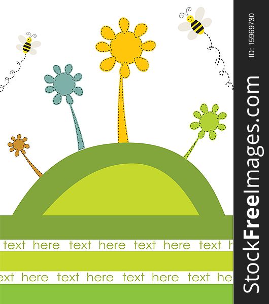 Abstract flowers and bees on the green hill. Vector retro card.