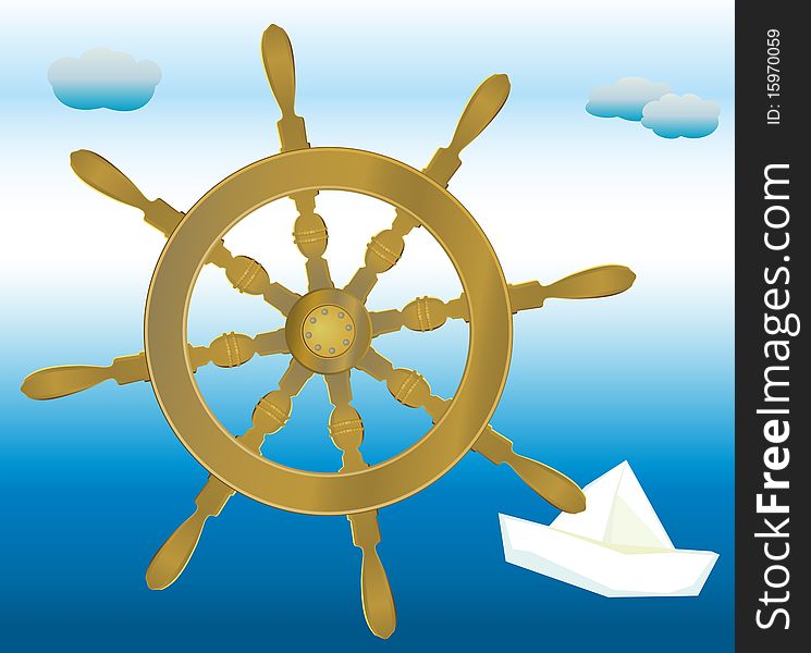 Captain's steering wheel and a paper boat