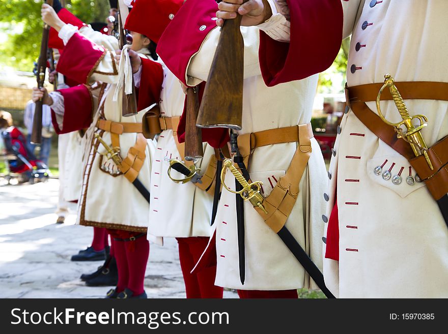 Soldier with carabiner and jacket during the re-enactment of the. Succession War September 4, 2010 in Brihuega, Spain