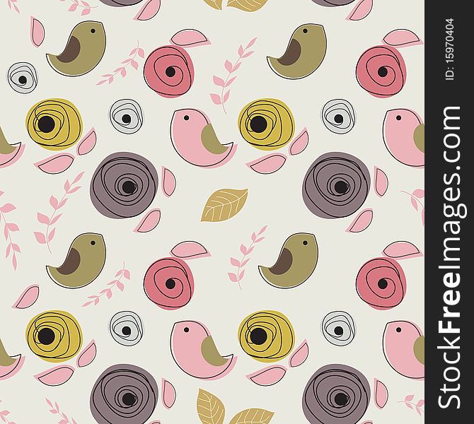 Seamless pattern with cute birds and leaves. Seamless pattern with cute birds and leaves