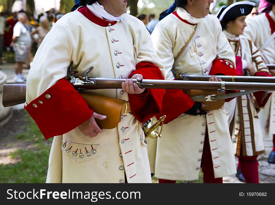 Soldier with carabiner and jacket during the re-enactment of the. Succession War September 4, 2010 in Brihuega, Spain