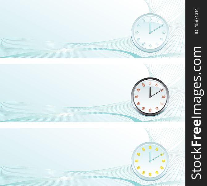 Three banners for your text with decorative waves and clock with symbols of dollar. Three banners for your text with decorative waves and clock with symbols of dollar
