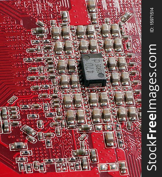 Semiconductor components on a red background. Semiconductor components on a red background
