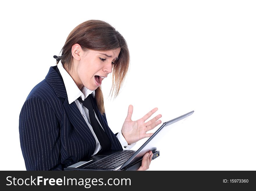 Crisis stressed businesswoman with laptop isolated on white