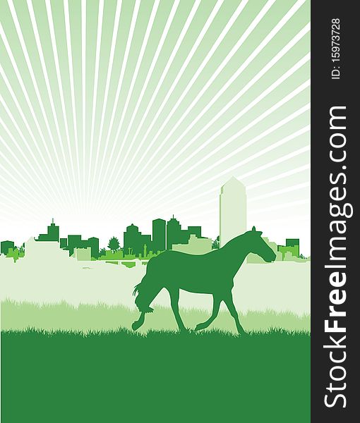 A horse in a field with a cityscape background