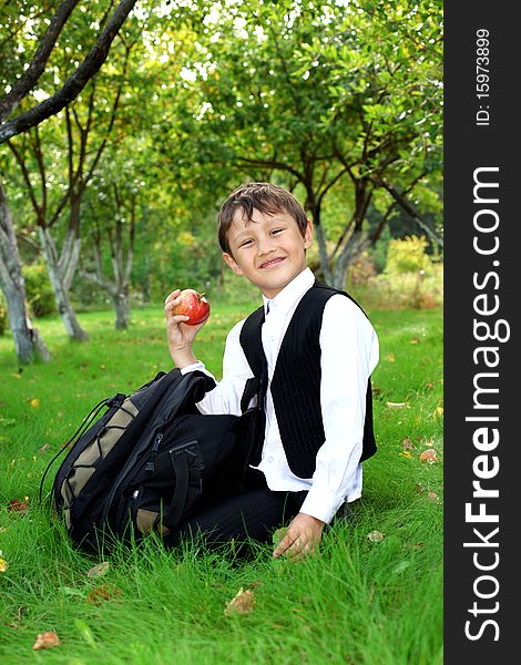 Schoolboy with backpack and apple outdoors. Schoolboy with backpack and apple outdoors