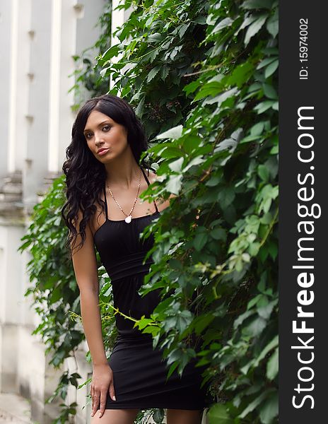 Beautiful brunette woman in a black dress posing at the fence with ivy