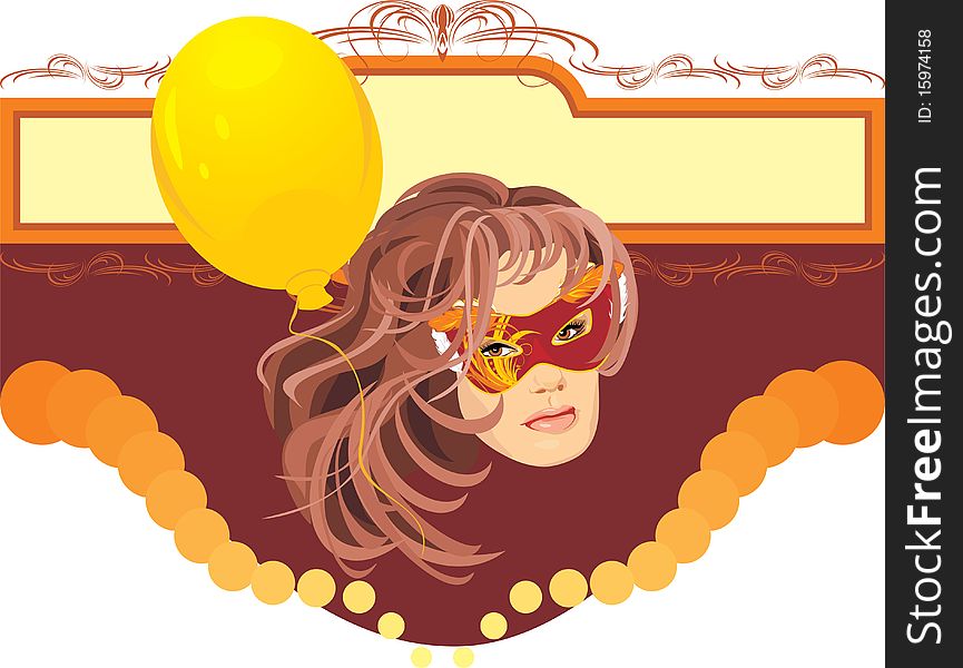 Woman In Masquerade Mask And Yellow Balloon. Card