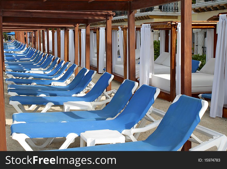 Row of blue deck chairs