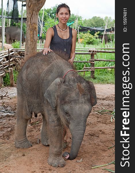 Teenager with baby elephant, delightful young animal of three month