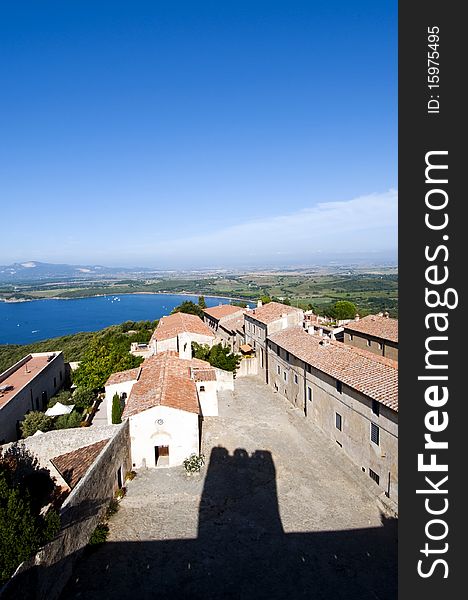 The ancient village of Populonia and the Gulf of Baratti. The ancient village of Populonia and the Gulf of Baratti