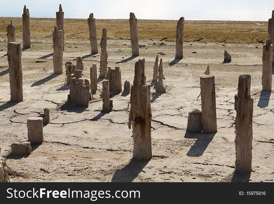 The old wooden destroyed columns on the dried up earth