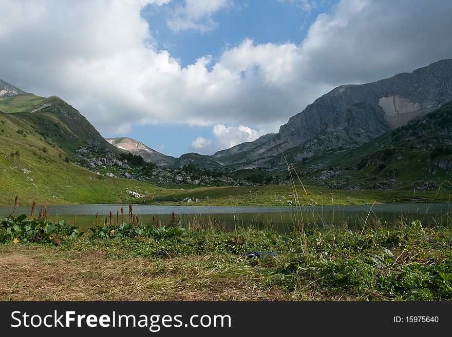 Nice view of mountains and lake. The plateau  Lagonaki in the West Caucasus. Nice view of mountains and lake. The plateau  Lagonaki in the West Caucasus.