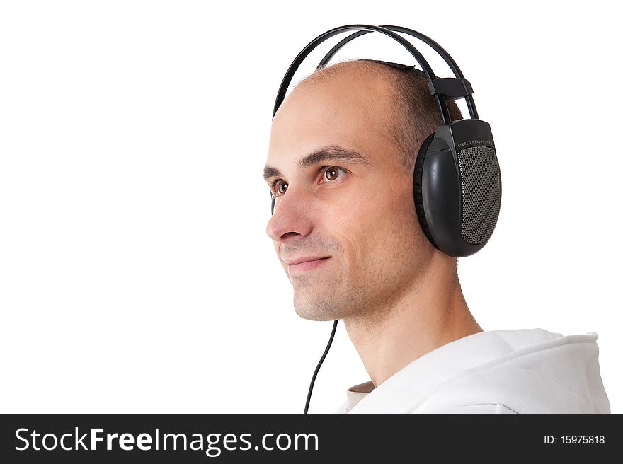 Man listening to music isolated on white